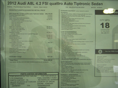 audi a8 2012 black sedan l quattro gasoline 8 cylinders all whee drive tiptronic 46410