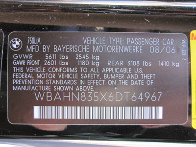 bmw 7 series 2006 black sedan 750li 8 cylinders automatic 46410