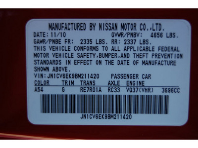 infiniti g37 2011 red coupe gasoline 6 cylinders rear wheel drive automatic 77002