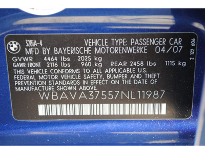 bmw 3 series 2007 blue sedan 328i gasoline 6 cylinders rear wheel drive automatic 77002