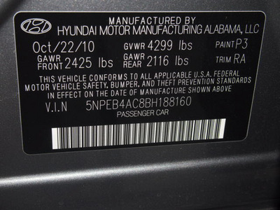 hyundai sonata 2011 dk  gray sedan gls gasoline 4 cylinders front wheel drive automatic 75150