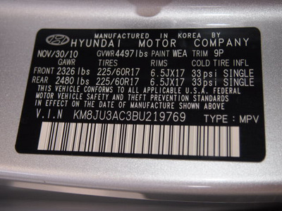 hyundai tucson 2011 silver gls gasoline 4 cylinders front wheel drive 6 speed automatic 75150